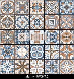 Una collezione di piastrelle di ceramica in colori retrò. Un insieme di modelli di quadri in stile etnico. Illustrazione Vettoriale. Illustrazione Vettoriale