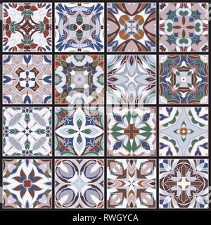 Una collezione di piastrelle di ceramica in colori retrò. Un insieme di modelli di quadri in stile etnico. Illustrazione Vettoriale. Illustrazione Vettoriale