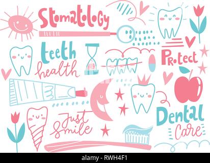 Stomatologia pattern con simpatici simboli e dente. Illustrazione Vettoriale