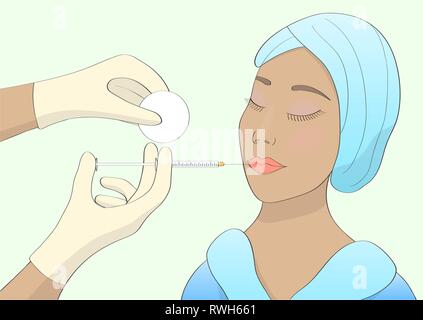 La ragazza fa la procedura per aumentare le labbra Illustrazione Vettoriale