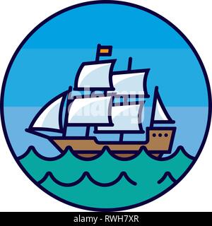 Vecchia nave a vela sul mare, riempito di colore linea circolare icona illustrazione vettoriale Illustrazione Vettoriale