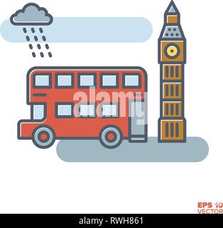 London bus rosso a due piani e il Big Ben riempito line icona illustrazione vettoriale Illustrazione Vettoriale
