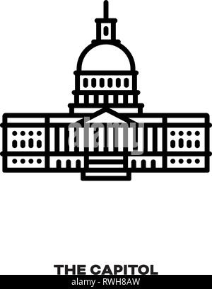 Il Campidoglio, il palazzo dei congressi a Washington, Stati Uniti d'America, vettore icona linea. Punto di riferimento internazionale e simbolo del turismo. Illustrazione Vettoriale