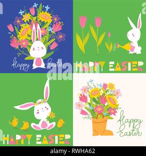 Set di quattro vettore primavera Pasqua carte con conigli, fiori e scritte Illustrazione Vettoriale