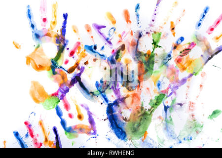 Un sacco di variopinte stampe a mano su sfondo bianco Foto Stock