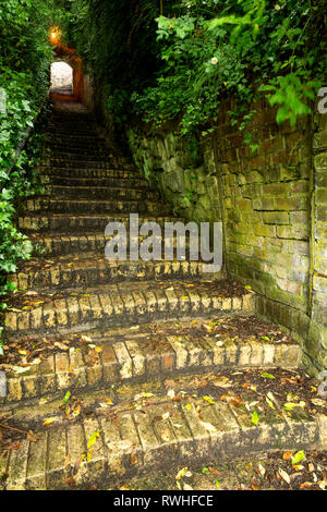 I gradini scendono lungo la ripida collina e scendono sotto il cimitero della chiesa di San Luca ad Ironbridge, nello Shropshire, Regno Unito Foto Stock