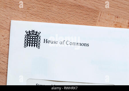 Una lettera dalla House of Commons. Foto Stock