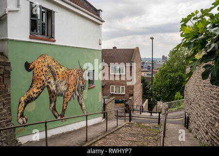 Bellissimo il disegno di lynx sulla parete della casa, Bristol, Regno Unito Foto Stock