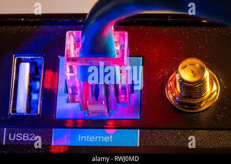 Connessione internet, connettore maschio RJ45, cavo LAN, cavo patch in un modem Internet, Foto Stock