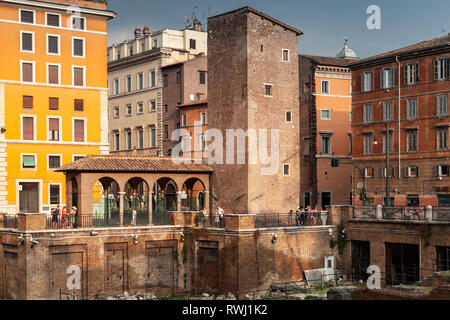 Roma, Italia - 8 Agosto 2015: i turisti sono in Largo di Torre Argentina a pianta quadrata con quattro romana repubblicana templi e i resti del Teatro Pompeys in Foto Stock