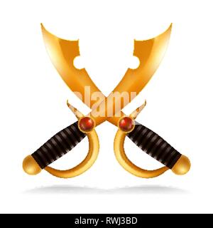 Oro spada incrociate Saber vettore. Golden Shiny arma. Sicurezza alimentazione proteggere il simbolo. Isolato illustrazione realistica Illustrazione Vettoriale
