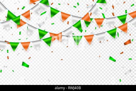 Le bandiere della ghirlanda per la festa di San Patrizio. Parte dello sfondo con bandiere garland. Ghirlande di arancione bianco le bandiere verdi e la lamina di coriandoli. Illustrazione Vettoriale. Illustrazione Vettoriale