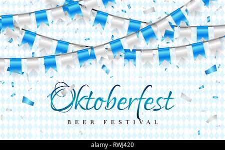October Fest festa banner. Blu e Bianca di alluminio coriandoli e bandiera garland. Illustrazione Vettoriale. Illustrazione Vettoriale