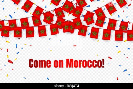 Il Marocco garland bandiera con i confetti su sfondo trasparente, Hang bunting per celebrazione template banner, illustrazione vettoriale. Illustrazione Vettoriale