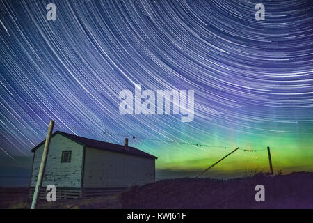 Tracce stellari & Northern Lights Aurora Boreale su punto di ginestra, Parco Nazionale Gros Morne, Terranova e Labrador Foto Stock