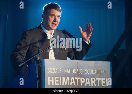 Bahretal, Germania. 06 Mar, 2019. Andre Poggenburg, presidente del partito Aufbruch deutscher Patrioten (ADP), parla al mercoledì delle ceneri evento del suo partito. Credito: Sebastian Kahnert/dpa/Alamy Live News Foto Stock