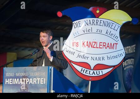 Bahretal, Germania. 06 Mar, 2019. Andre Poggenburg, presidente del partito Aufbruch deutscher Patrioten (ADP), parla al mercoledì delle ceneri evento del suo partito. Credito: Sebastian Kahnert/dpa/Alamy Live News Foto Stock