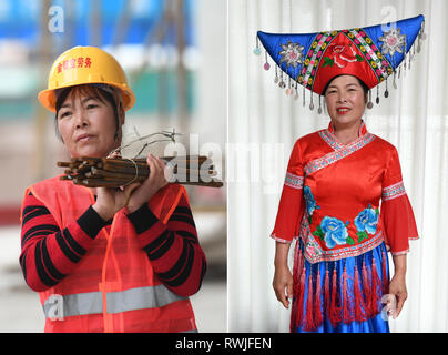 (190307) -- NANNING, 7 marzo 2019 (Xinhua) -- COMBINAZIONE foto scattata il 6 marzo 2019 mostra lavoratore Wei Zhijin portando le barre di acciaio sul sito di costruzione (L) e vestito come 'Sanjie Liu', un famoso leggendario folk song cantante dei Zhuang gruppo etnico, presso un studio fotografico in Nanning, sud della Cina di Guangxi Zhuang Regione autonoma. Come la Giornata internazionale della donna si avvicina, il ramo di Guangxi della Cina Costruzione terzo Bureau prima Engineering Co., Ltd ha scelto otto dei lavoratori di sesso femminile da posti diversi per scattare foto vestire i panni di Zhuang gruppo etnico per registrare il loro molto bello Foto Stock