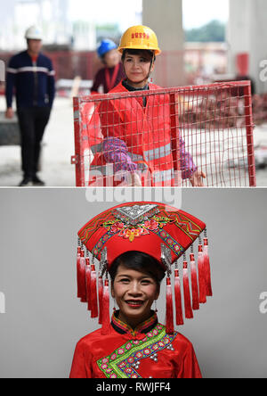 (190307) -- NANNING, 7 marzo 2019 (Xinhua) -- COMBINAZIONE foto scattata il 6 marzo 2019 mostra lavoratore Yu Shaofeng lavorando sul sito di costruzione (sopra) e vestito come 'Sanjie Liu', un famoso leggendario folk song cantante dei Zhuang gruppo etnico, presso un studio fotografico in Nanning, sud della Cina di Guangxi Zhuang Regione autonoma. Come la Giornata internazionale della donna si avvicina, il ramo di Guangxi della Cina Costruzione terzo Bureau prima Engineering Co., Ltd ha scelto otto dei lavoratori di sesso femminile da posti diversi per scattare foto vestire i panni di Zhuang gruppo etnico per registrare le loro belle momen Foto Stock