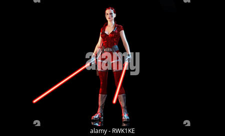 Redhead warrior ragazza con due futuristici le spade di luce, donna intrecciato con sci-fi laser arma saber isolati su sfondo nero, rendering 3D Foto Stock