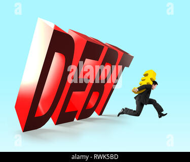 3D la caduta di parola di debito con uomo che corre portando golden simbolo Euro denaro, il debito finanziario concetto. Foto Stock