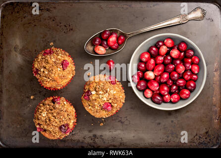 Appena sfornato muffin ai mirtilli su un rustico di teglia con mirtilli rossi. Foto Stock