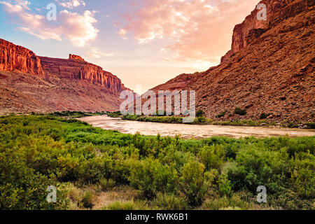 Il fiume Colorado il tramonto in Moab, Utah. Arenarie rosso. Foto Stock