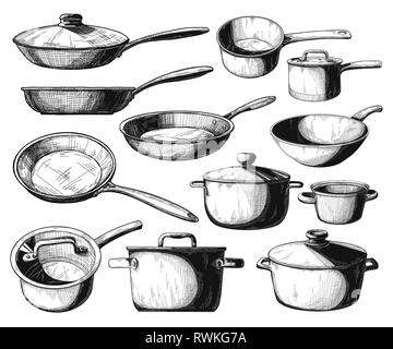 Set di padella e vasi differenti isolati su sfondo bianco. Illustrazione Vettoriale. Illustrazione Vettoriale