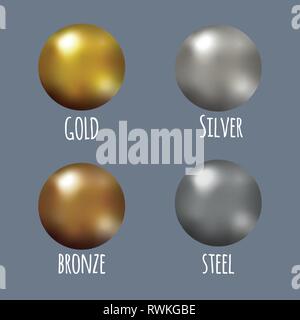 Set di realistico oro, argento, bronzo e acciaio sfere metalliche, vettore palline dorate. Illustrazione Vettoriale