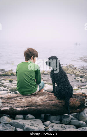 Ragazzo e cane godendo di mare Foto Stock