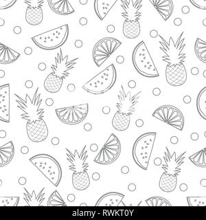 Modello senza cuciture con ananas, fettine di arancia e di anguria fette. La frutta tropicale. Estate sfondo. Illustrazione Vettoriale