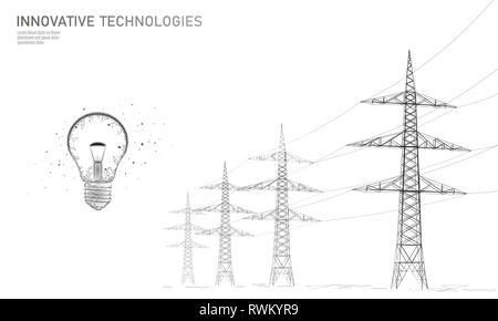 Bassa poli ad alta tensione della linea di alimentazione della lampadina idea. Settore della fornitura di energia elettrica tralicci delinea in bianco nero. Innovazione della tecnologia elettrica banner di soluzione Illustrazione Vettoriale