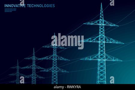 Bassa poli linea elettrica ad alta tensione silhouette. Settore della fornitura di energia elettrica tralicci delinea on dark night blue sky. Innovazione della tecnologia ecectrical Illustrazione Vettoriale