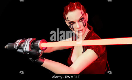 Redhead warrior ragazza con sci-fi spada laser, donna intrecciato con il futuristico saber arma isolati su sfondo nero, close up, rendering 3D Foto Stock