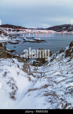 Inverno , comunità di pesca della trota di fiume , Parco Nazionale Gros Morne, Terranova e Labrador Foto Stock