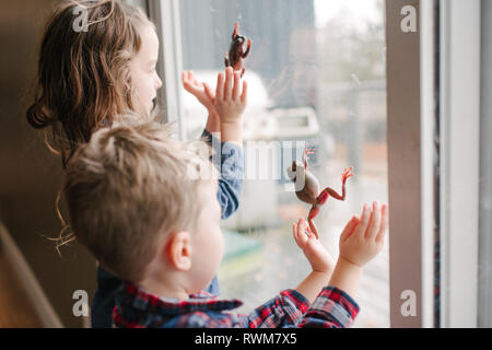 Bambini che giocano con le rane sulla finestra Foto Stock