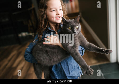 Bambina giocando con il gatto di casa Foto Stock