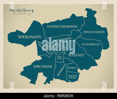 Città moderna mappa - Heidelberg città della Germania con comuni e titoli DE Illustrazione Vettoriale