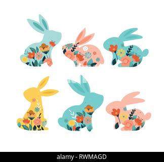 Felice Pasqua illustrazioni vettoriali di coniglietti, conigli icone, decorato con fiori Illustrazione Vettoriale