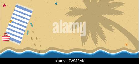 Banner orizzontale con copia spazio. Vista superiore della costa del mare, oceano mare con Giallo sabbia dorata, stelle marine e Palm Tree Shadow. Sfondo per l'estate Illustrazione Vettoriale