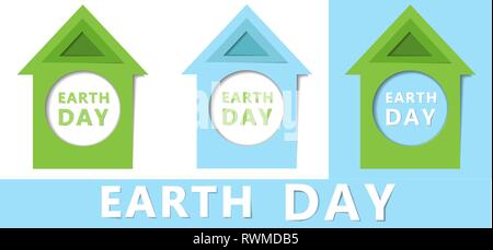 La giornata della terra concetto. 22 aprile. Carta tagliata design con il verde e il blu case. La Terra è la nostra casa. Pianeta Blu Illustrazione Vettoriale
