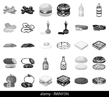 Bacon,bottiglia,pane,burger,bar,formaggio,pollo,raccolta,composizione,cottura,cetriolo,design,l'uovo,veloce,cibo,mezza,icona,immagine,l'ingrediente,isolato,elementi,ketchup,foglia di lattuga,,logo,carni,monocromatico, delineano,senape,onion,pezzo,prodotto,ristorante,roll,salumi,panino,salsicce,codificati,condimento,impostare,segno,il simbolo,gusto,il pomodoro,vettore vegetale,,web vettori vettore , Illustrazione Vettoriale
