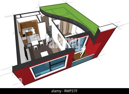 Vista spaccata in diagramma di un appartamento con una camera da letto completamente arredati con tetto piatto spaccata sopra di esso Illustrazione Vettoriale