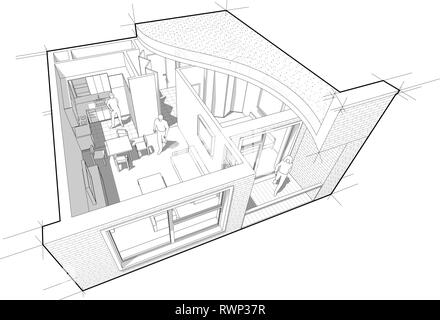 Vista spaccata in diagramma di un appartamento con una camera da letto completamente arredati con tetto piatto spaccata sopra di esso Illustrazione Vettoriale