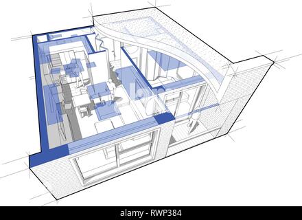 Vista spaccata in diagramma di un appartamento con una camera da letto completamente arredati con tetto piatto spaccata su di esso e con vista schematica in pianta al di sopra Illustrazione Vettoriale