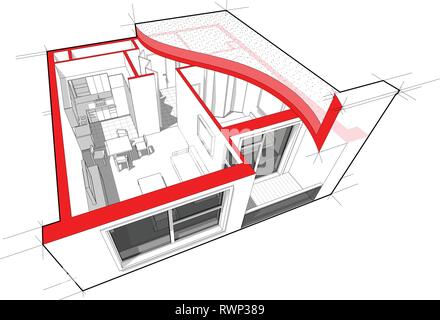 Vista spaccata in diagramma di un appartamento con una camera da letto completamente arredati con tetto piatto spaccata sopra di esso Illustrazione Vettoriale