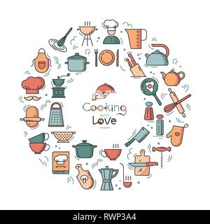 Cucinare con amore sfondo circolare da icone sul tema della cucina e la cottura con caratteri. Sfondo per la decorazione dei menu di Illustrazione Vettoriale