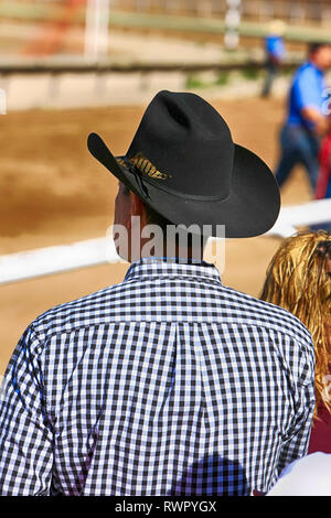 Uomo che indossa un cappello stetson presso il Parco Rillito horse racing via in Tucson, AZ Foto Stock