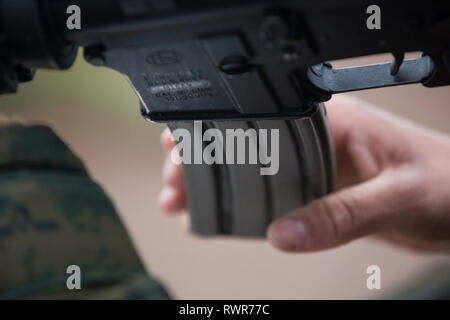 Reclute con Fox Company, 2a reclutare battaglione di formazione, e Papa Company, 4a reclutare battaglione di formazione pre-qualifica per il tiro con la carabina su Parris Island, S.C., 5 marzo 2019. Per una settimana, reclute apprendere e mettere in pratica le nozioni di base del rendimento di tiro prima di iniziare le riprese live delle munizioni sul campo settimana. (Ufficiale DEGLI STATI UNITI Marine Corps Foto di Lance Cpl. Yamil Casarreal) Foto Stock