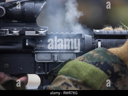 Reclute con Fox Company, 2a reclutare battaglione di formazione, e Papa Company, 4a reclutare battaglione di formazione pre-qualifica per il tiro con la carabina su Parris Island, S.C., 5 marzo 2019. Per una settimana, reclute apprendere e mettere in pratica le nozioni di base del rendimento di tiro prima di iniziare le riprese live delle munizioni sul campo settimana. (Ufficiale DEGLI STATI UNITI Marine Corps Foto di Lance Cpl. Yamil Casarreal) Foto Stock